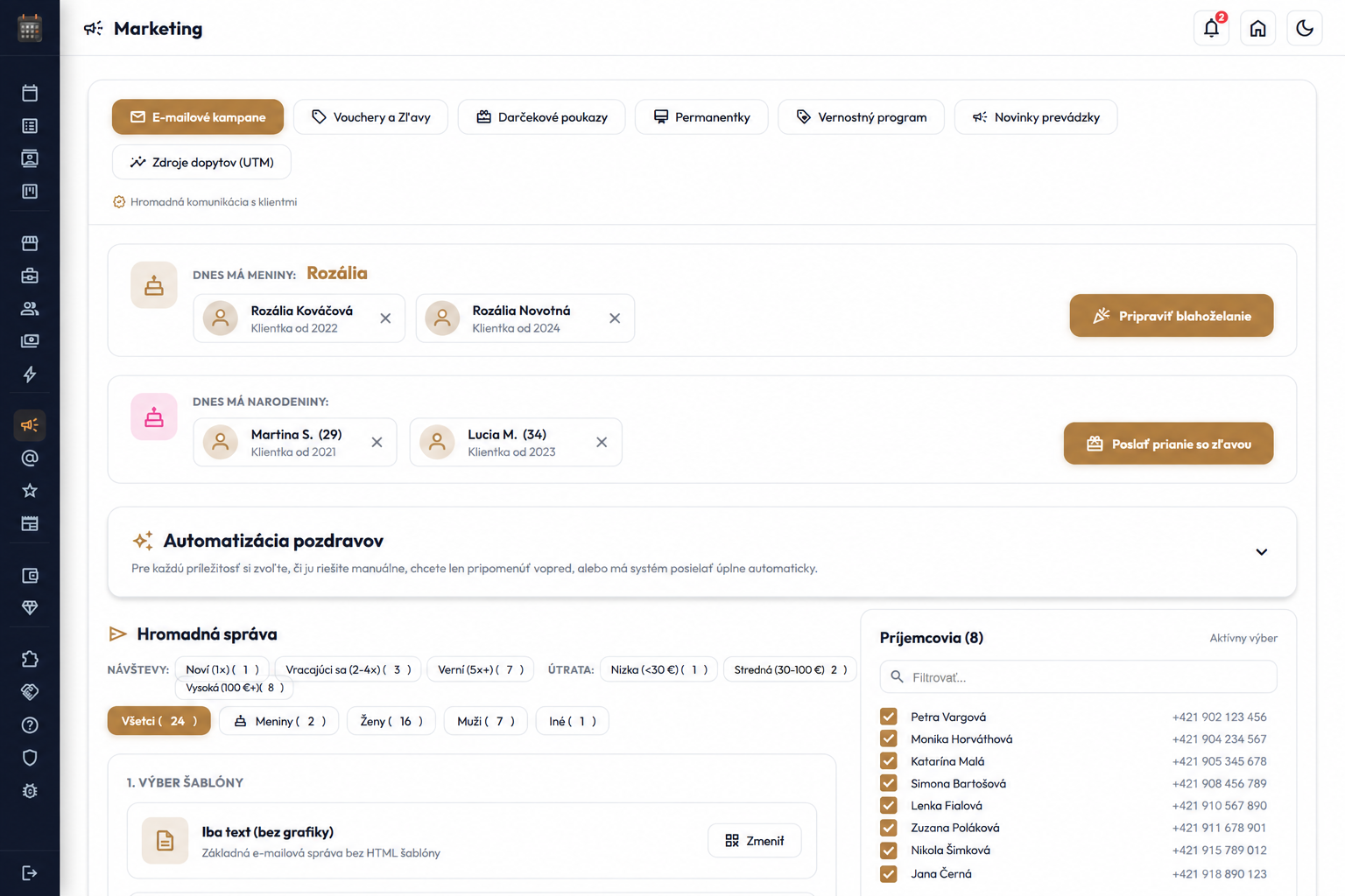 Naplnené marketingové nástroje v Rezervos dashboarde