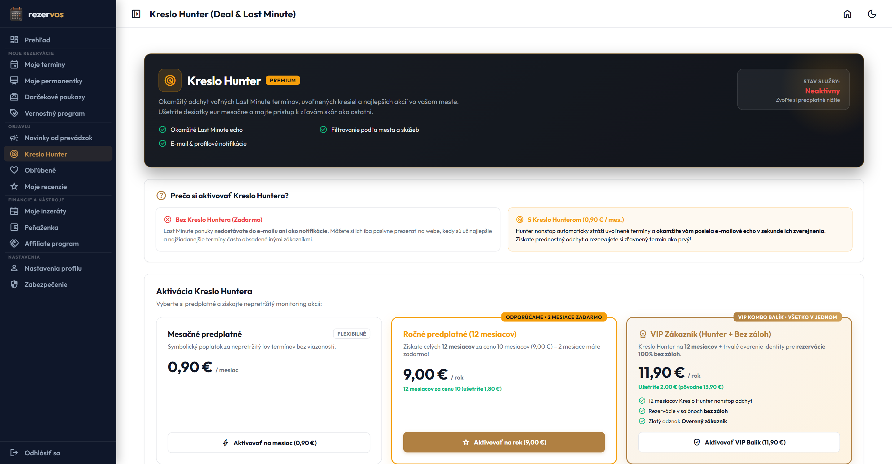 Hunter – Lovec termínov v zákazníckom profile Rezervos